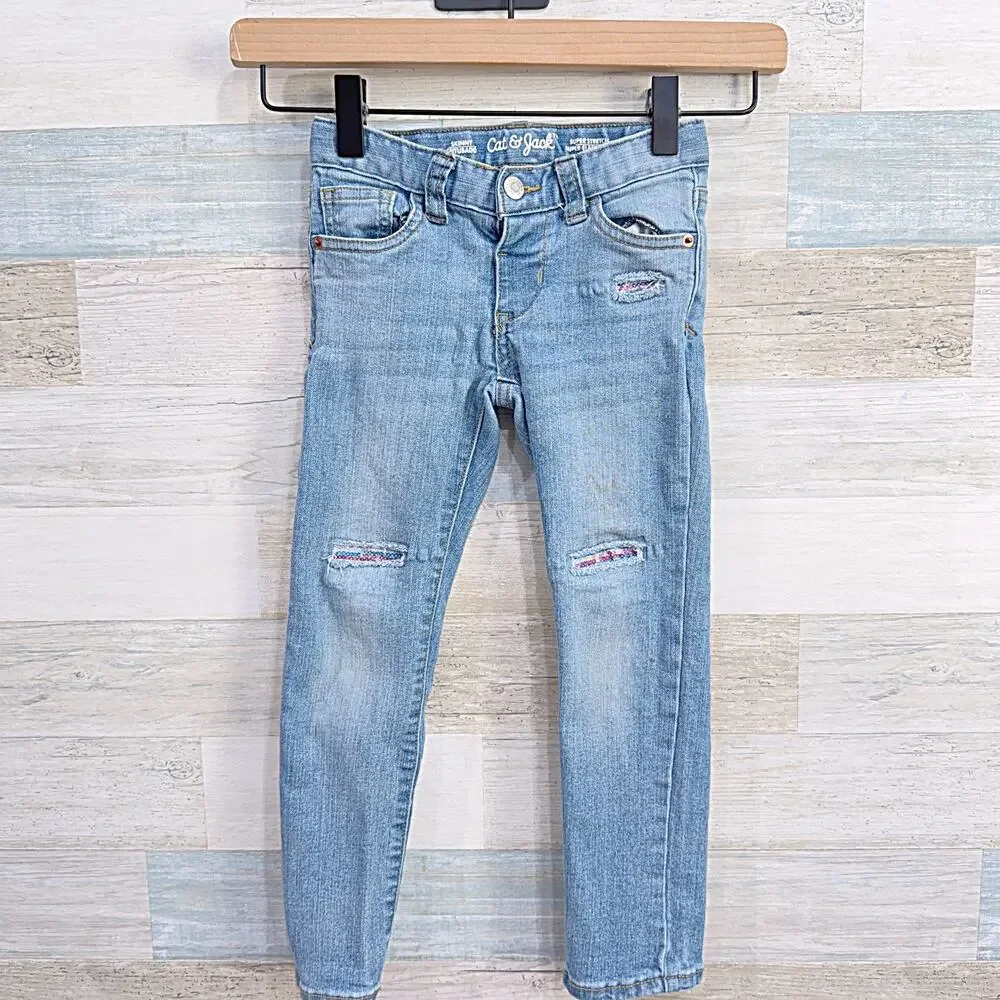 Cat & Jack Stretch Denim Sequin Distressed Skinny Jeans Blue Toddler Girls 5T